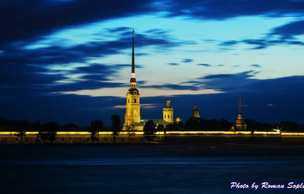 Ночь, река, Петропавловская крепость, санкт-петербург