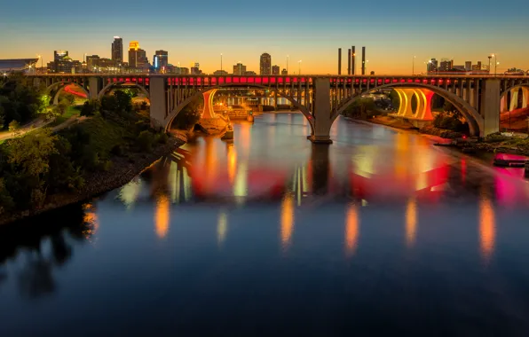 Закат, мост, огни, река, дома, США, Minnesota, Minneapolis