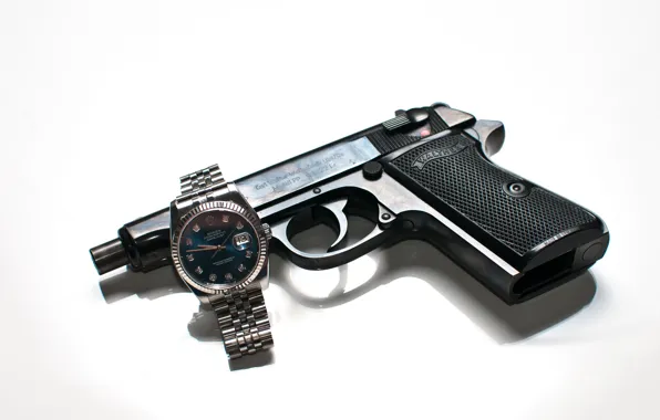 Картинка пистолет, оружие, часы, Walther, самозарядный, Rolex
