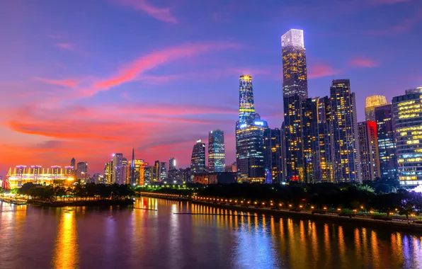 City, lights, China, river, skyline, sky, trees, water