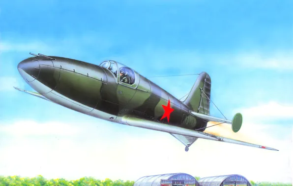 Картинка небо, арт, самолёт, взлёт, первый, ракетный, советский, БИ-1