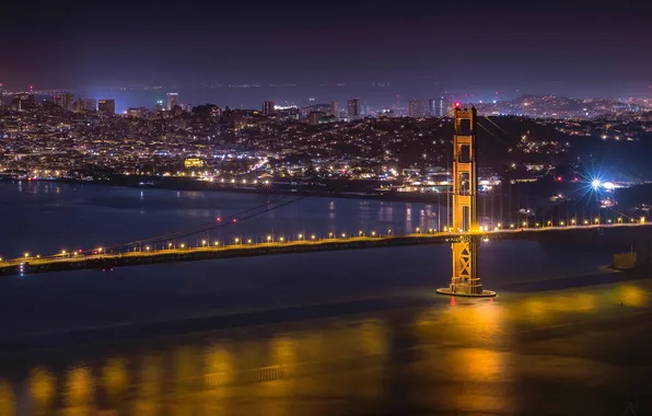Ночь, мост, город, огни, Сан-Франциско, Золотые Ворота