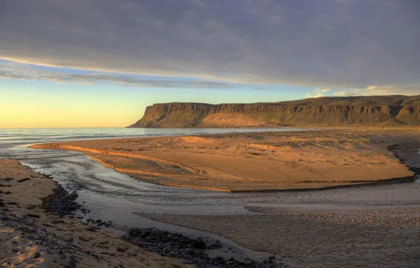 Море, небо, облака, река, обрыв, берег, вечер