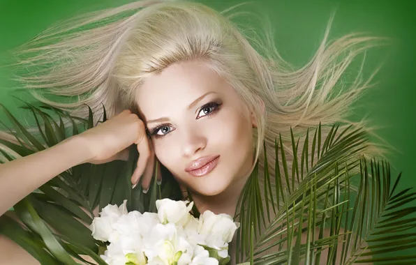 Картинка девушка, цветы, ветки, лицо, зеленый, фон, портрет, макияж