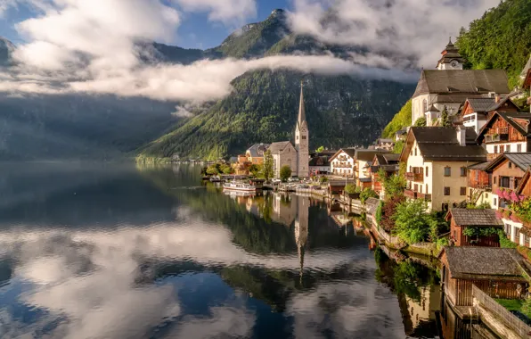 Облака, горы, озеро, здания, дома, Австрия, Альпы, Austria