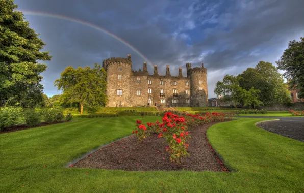 Картинка цветы, парк, замок, радуга, Ирландия, Ireland, Kilkenny Castle