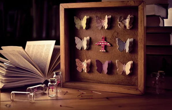 Картинка бабочки, иголки, пузырьки, книги, рамка, бутылочки, булавки