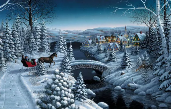Картинка зима, звезды, снег, мост, река, лошадь, елка, дома