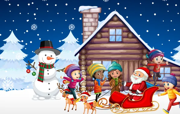 Картинка Снег, Дом, Дети, Рождество, Новый год, Санта Клаус, Олени, Ёлки