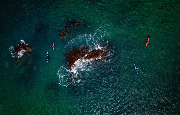 Waves, sea, boats, tide, cliffs, aerial view, kayaking