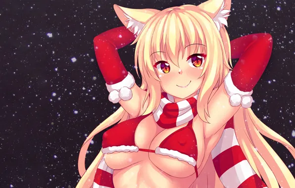 Girl, sexy, cleavage, long hair, boobs, animal ears, anime, beautiful