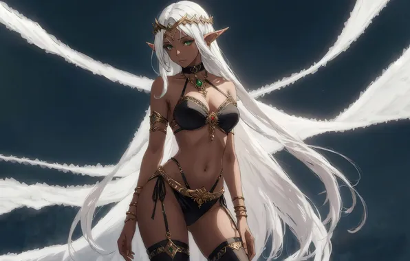 Girl, fantasy, green eyes, anime, art, painting, dark elf, fantasy art
