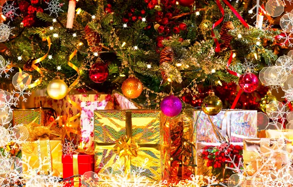 Картинка праздник, шары, игрушки, новый год, ель, подарки
