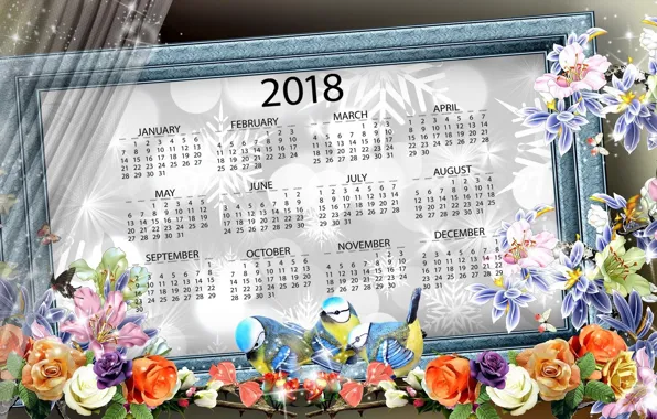 Цветы, новый год, календарь, 2018