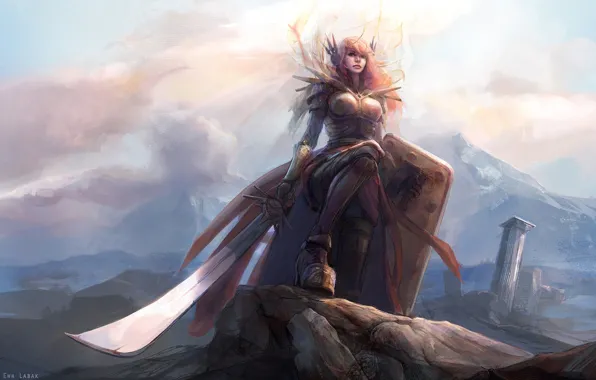 Картинка девушка, свет, горы, меч, доспехи, щит, League of Legends, Leona