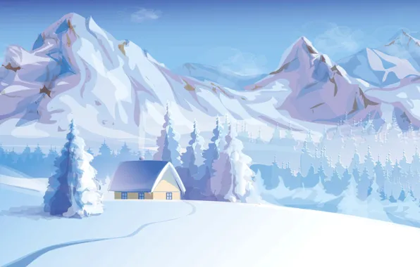 Картинка зима, снег, деревья, пейзаж, горы, природа, дом, вектор
