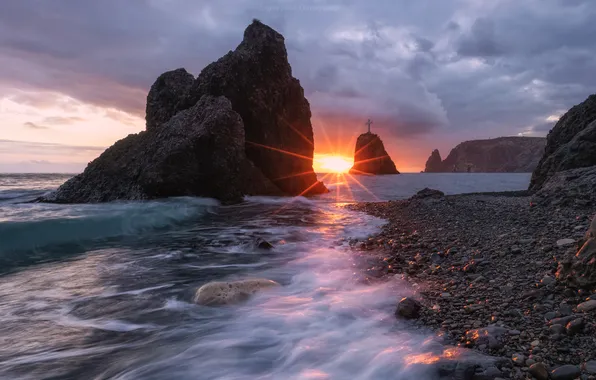 Beach, sea, sunset, water, rocks, dusk