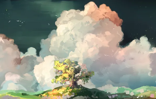 Картинка облака, птицы, дерево, арт, нарисованный пейзаж