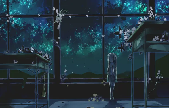 Цветы, ночь, аниме, сакура, окно, девочка, школьница, школа