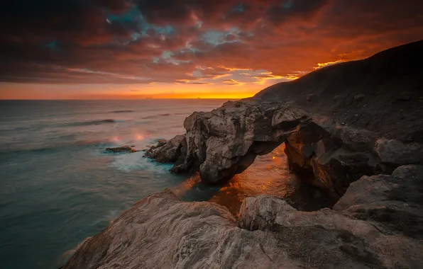 Rock, ocean, coast, sunrise