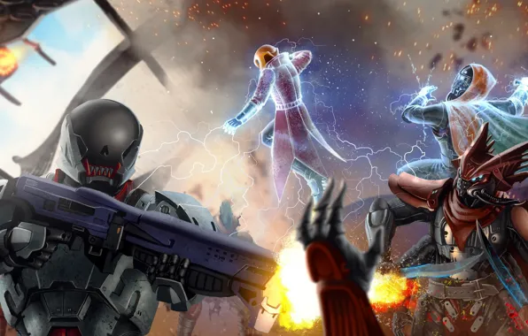 Фантастика, destiny, пришелец, шлем, броня, битва, art