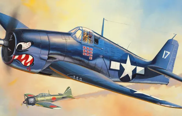 Картинка war, art, aviation, ww2, pacific war, Grumman F6F Hellcat, painting.dogfight, Mitsubishi A6M Zero