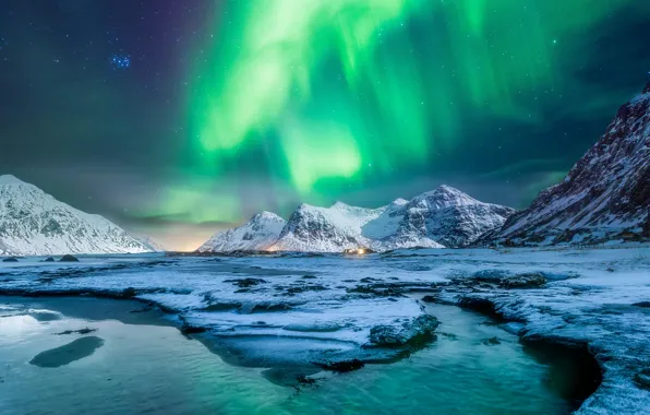 Горы, звёзды, северное сияние, Норвегия, ледники, полярное сияние, Лофотенские острова