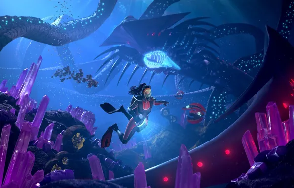 Водолаз, дно, кристалы, Games, Girls, Games Art, Subnautica Below Zero