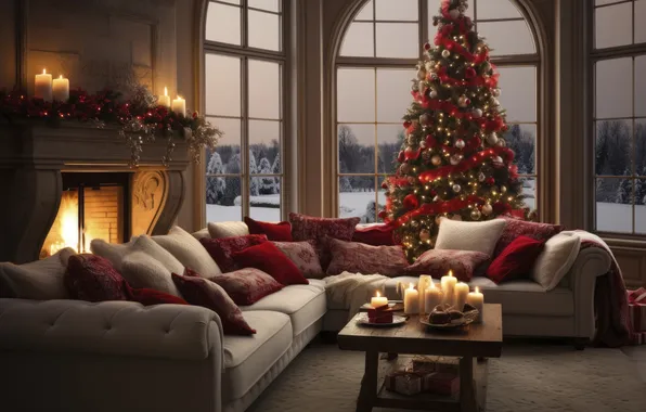 Украшения, комната, шары, елка, интерьер, Рождество, камин, balls