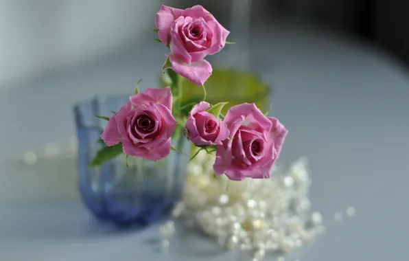 Картинка цветы, розы, ваза, розовые