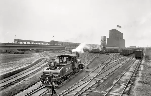 Картинка ретро, поезд, США, Новый Орлеан, Луизиана, 1900-й год, элеватор