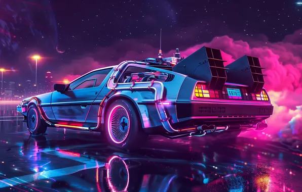 Картинка car, colorful, smoke, DeLorean, illustration, synthwave, AI art