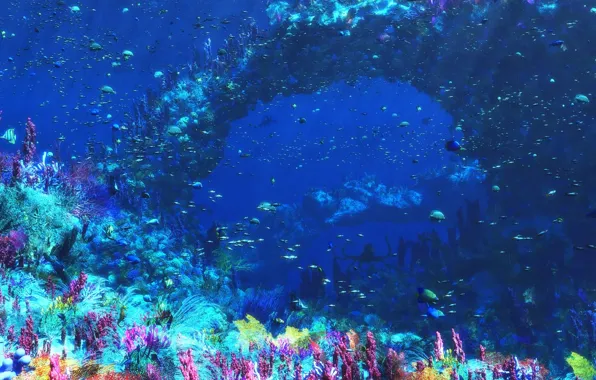 Картинка море, рыбы, графика, кораллы, подводный мир, Digital, An Octopus's Garden