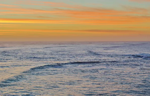 Картинка море, волны, закат, горизонт, оранжевое небо