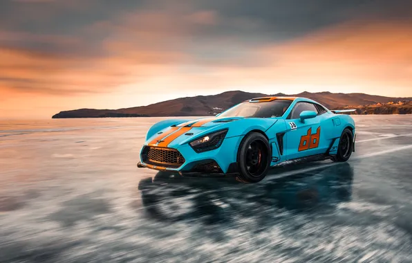 Картинка car, ice, Russia, sky, sunset, clouds, Drift cars, Frontal View