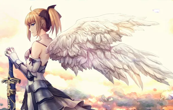 Girl, sword, weapon, anime, wings, feathers, purple eyes, angel
