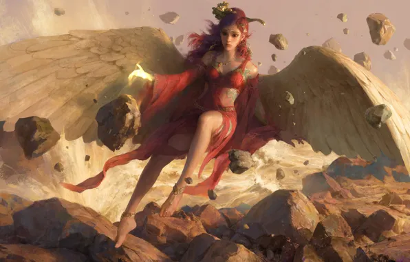 Девушка, камни, крылья, ангел, фэнтези, арт
