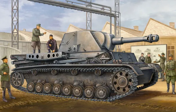 Картинка war, art, painting, tank, ww2, German GW IVb (Grasshopper) leFH18/1 L28