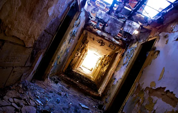Картинка dirt, ruin, halls, heater, light at the end of the tunnel, fallen roof, doors, peeling …