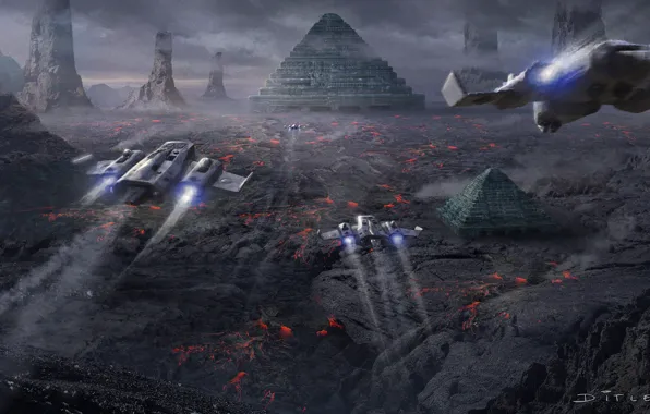 Скалы, лава, пирамиды, полёт, Scorched land