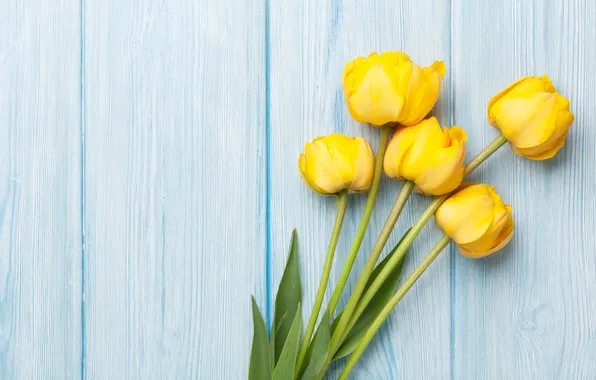 Картинка цветы, букет, тюльпаны, yellow, wood, flowers, tulips, spring