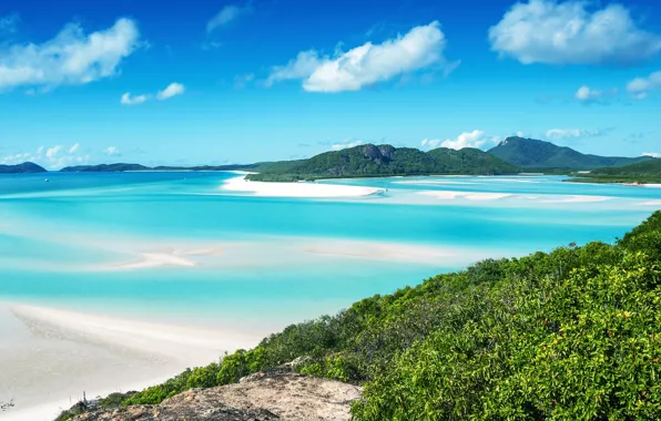 Картинка море, зелень, небо, солнце, облака, побережье, Австралия, Whitsunday Island