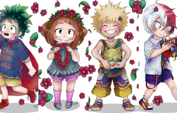 Цветы, дети, коллаж, девочка, мальчики, My Hero Academia, Boku No Hero Academia, Мидория Изуку