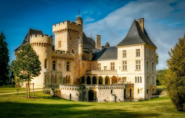 Картинка небо, деревья, замок, лужайка, Chateau Campagne