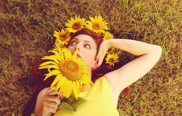 Girl, summer, dress, sunflowers