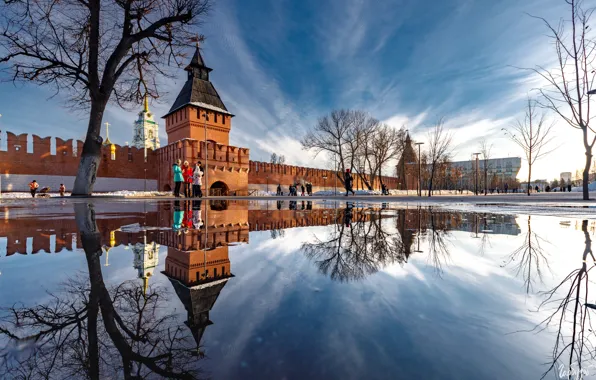 Вода, пейзаж, город, отражение, стена, весна, башни, Кремль