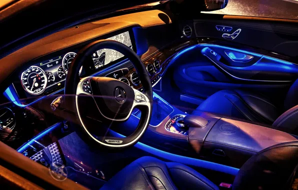 Синий, Mercedes-Benz, неон, салон, AMG, s-class, W222, S63