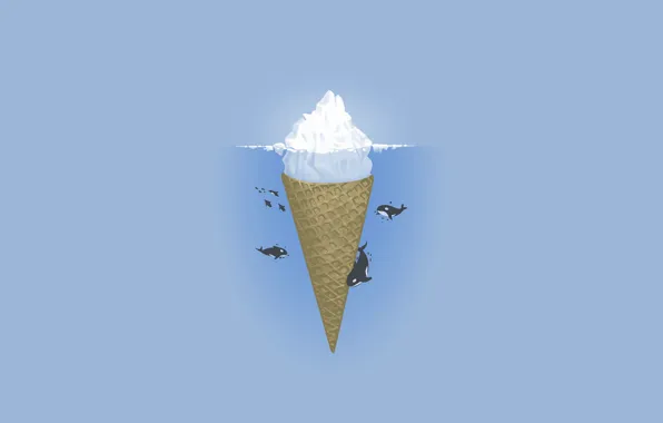 Картинка море, океан, минимализм, вектор, айсберг, мороженое, иллюстрация, касатки