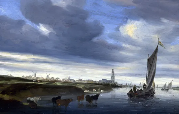 Картинка пейзаж, лодка, картина, парус, Salomon van Ruysdael, Саломон ван Рёйсдал, Вид на Девентер
