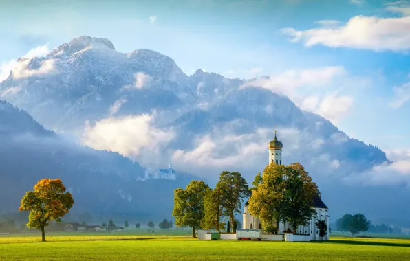 Деревья, горы, замок, Германия, Бавария, Альпы, церковь, Germany